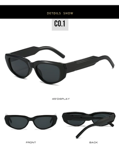 Three perspectives of black cat-eye sunglasses with thick frames and dark lenses