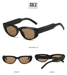 Three perspectives of retro narrow black cat eye sunglasses with brown lenses and wide temples