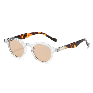 Retro oval sunglasses featuring a clear frame, tortoise temples, and light brown lenses