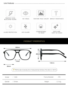 Detailed size specifications for square anti-blue light glasses with rivet design