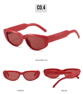 Three-angle view of red retro cat-eye sunglasses including front and back perspectives