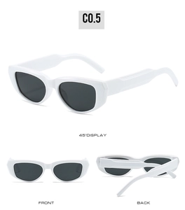 Three views showing front, back and 45-degree angle of white cat-eye sunglasses