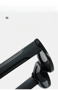Detail of high-gloss black temple hinge showing super elastic and lightweight material