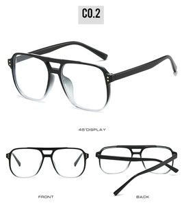 Three-way view of black square aviator glasses with golden rivets and blue light lens