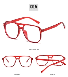 Three-way view of red transparent aviator glasses with double bridge and rivets detail