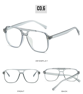 Detail view of transparent grey blue pilot glasses frame with double bridge design