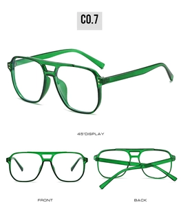 Three-angle view of transparent green pilot square glasses with double bridge and rivets