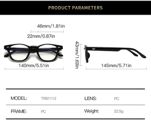 Detailed technical drawing of TR81112 glasses with full dimensions and specifications