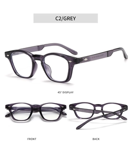 Front and side views of transparent grey TR90 square glasses frames with metal rivets