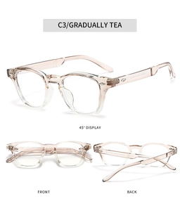 Three views of gradient tea TR90 glasses frames with polished metal temple accents