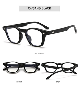 Detail view of Sand Black Boston frame glasses showing 45-degree, front, and back angles