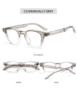 Detail view of stylish transparent gray anti-blue light glasses with durable TR90 frame