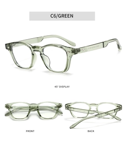 Detailed views of light green TR90 round frames featuring front back and 45-degree angles