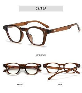 Detailed views of tea brown TR90 glasses frames from front, back, and 45-degree angles