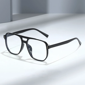 Square aviator blue light glasses with double bridge and black frame on geometric background
