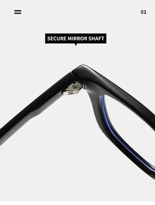 Detail of reinforced metal hinge and secure mirror shaft on black TR eyeglass frames