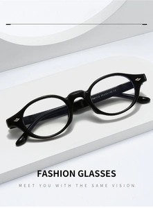 Detail view of TR90 round frame glasses with silver diamond rivets and size markings
