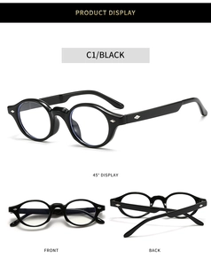 Detailed view of black TR90 round frame glasses with silver diamond studs and C1 color code