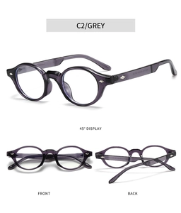 Detail view of TR90 round grey transparent eyeglass frames with silver diamond rivets