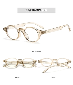 Three perspectives of champagne TR90 round frame glasses with rivet accents on white background