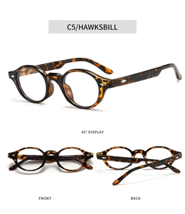 Detailed views of tortoise shell TR90 round frame glasses with diamond metal rivets
