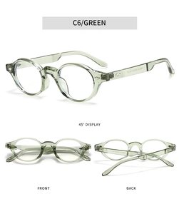 Macro view of retro round TR90 eyeglasses frame in translucent green with diamond rivets