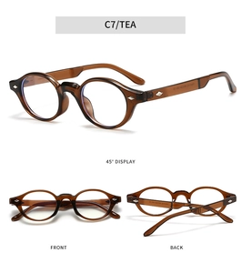Detail view of tea-colored TR90 retro round glasses frame with diamond metal accents
