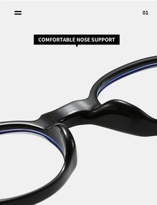 Close-up of TR90 glasses frame showing comfortable integrated nose support design