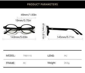 Detailed dimensions and PC frame specifications for these trendy anti-blue light glasses