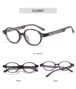 Multi-angle view of round transparent grey TR90 glasses frames with diamond metal accents