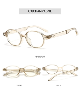 Champagne blue light blocking glasses shown from front, back, and 45-degree angles