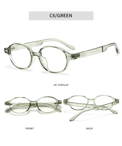 Three angles of translucent green TR90 glasses frames with silver diamond temple details