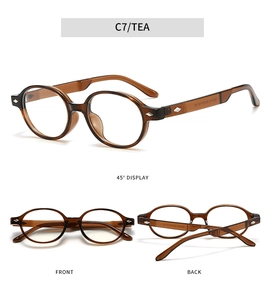 Three-angle view of transparent tea TR90 eyeglass frames showing front and side details
