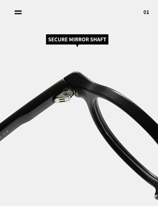 Detail of secure mirror shaft hinge and reinforced metal screw on black TR90 glasses