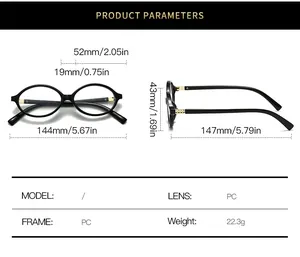 Detailed size chart for oval PC frame glasses with measurements and weight specifications