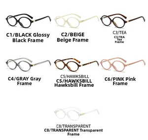 Matrix display of oval anti-blue light glasses in seven colors like tortoiseshell and pink