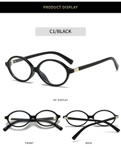 Detailed three-view display of oval black frame glasses with gold metal accents
