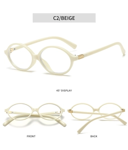 Beige oval glasses frames showing 45-degree, front, and back views with gold accents