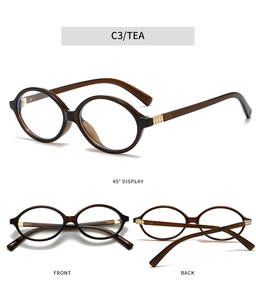 Three-angle view of tea brown oval glasses frames with stylish gold metal hinges
