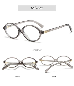 Detailed views of grey oval eyeglass frames with golden metal hinges and transparent finish
