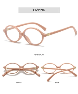 Detailed views of pink oval glasses frames with stylish gold hinge accents