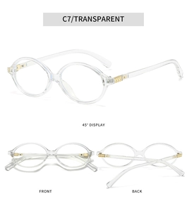 Transparent oval eyewear frames with gold metal rivets shown from multiple display angles