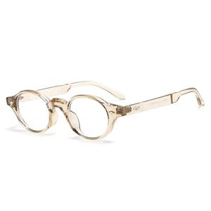 Retro TR90 round frame glasses in transparent tea brown with rivet accents and CE mark