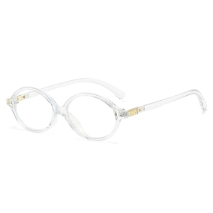 Modern transparent oval round eyeglasses frame with gold metal hinges and clear resin lenses