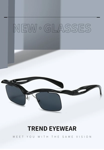 Detail of wavy irregular black sunglasses frame and dark lenses with trendy typography