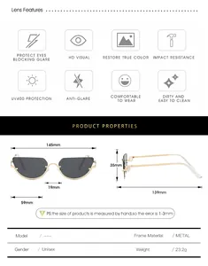 Detailed size chart and UV400 features for vintage metal cat-eye sunglasses
