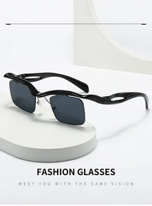 Close-up of black wavy frameless sunglasses on minimalist white geometric pedestals