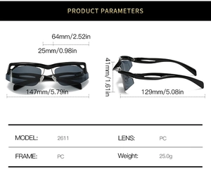 Tableau des tailles détaillé des lunettes de soleil sport Y2K sans monture avec mesures