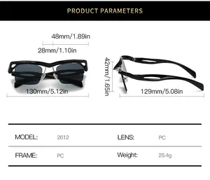 Detailed size chart for rimless square sunglasses showing frame dimensions and PC lens specs
