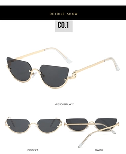 Detailed multi-angle view of gold metal cat-eye sunglasses with dark geometric lenses
